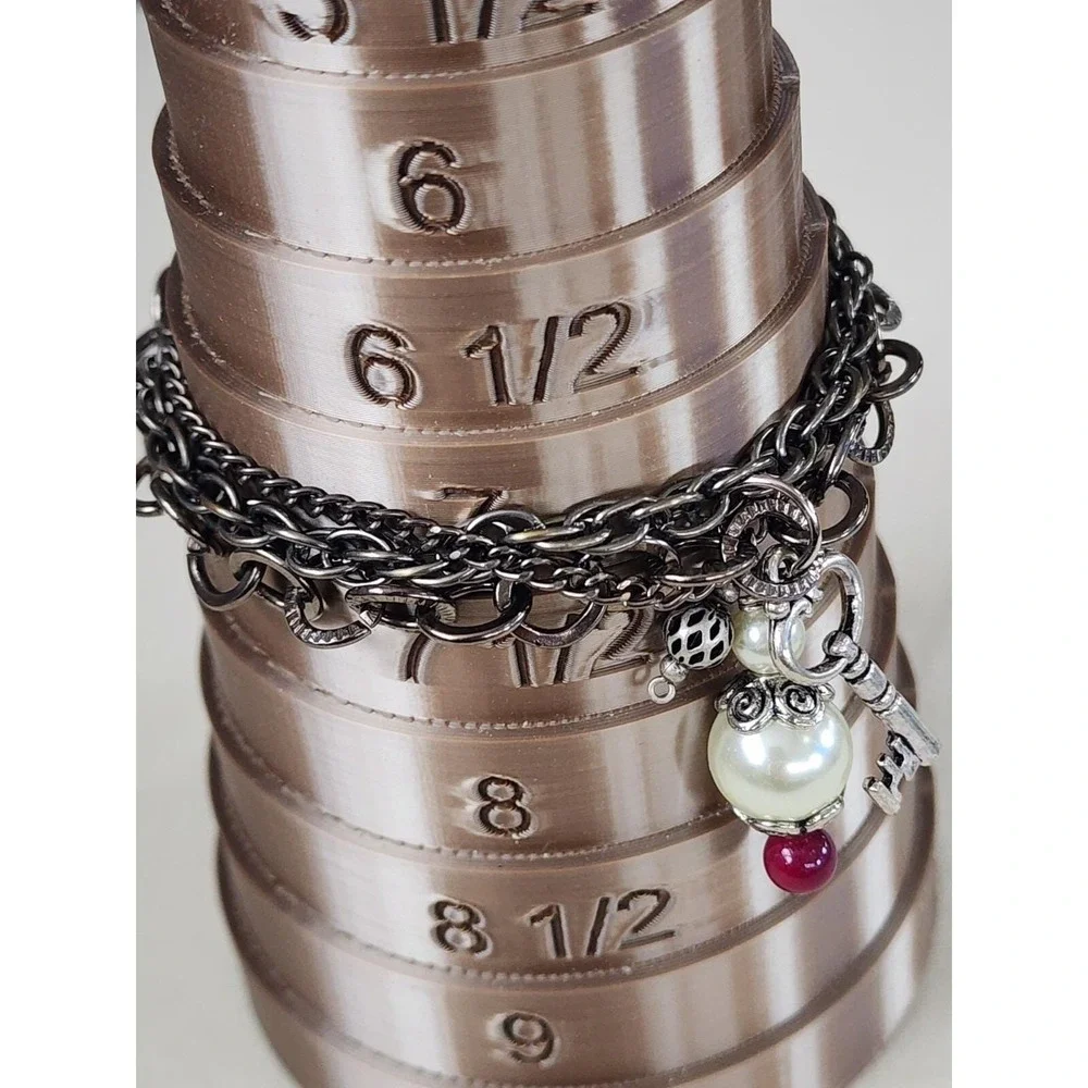 MADE WITH LOVE Signed T Charm Bracelet Multi-Strand Key Faux Pearl Gunmetal Grey